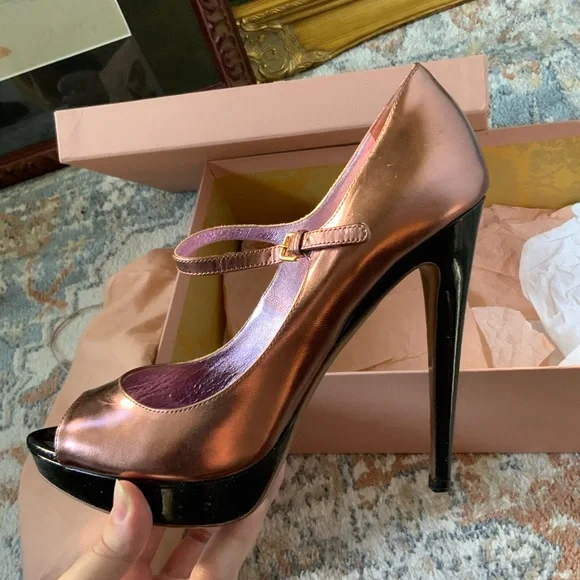 miu miu Capretto Lamina Cammeo metallic rose gold copper open peep toe Mary Jane - Picture 10 of 14
